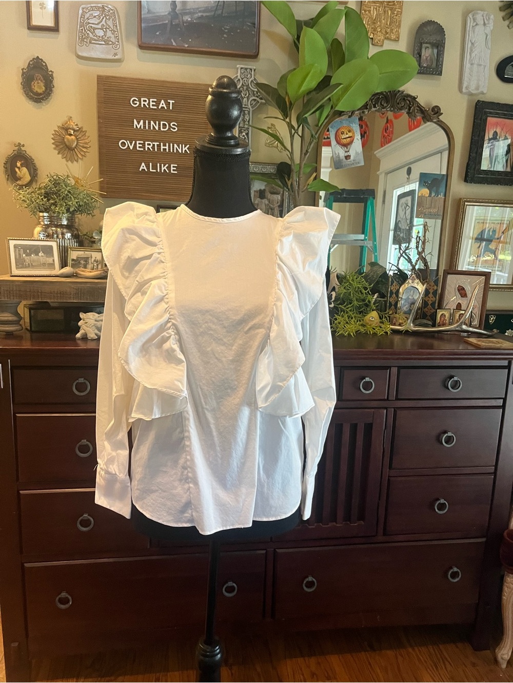 Zara White Ruffle Panel Long-Sleeve Blouse